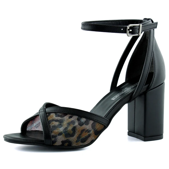 Erkan Saçmacı Charlotte Siyah Leopar Çapraz Bantlı Fileli Kalın Topuklu Zarif Abiye Ayakkabı ürün görseli