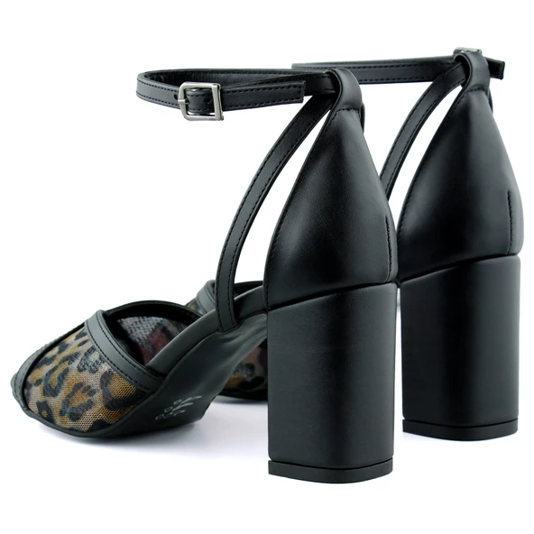 Erkan Saçmacı Charlotte Siyah Leopar Çapraz Bantlı Fileli Kalın Topuklu Zarif Abiye Ayakkabı - Resim 5
