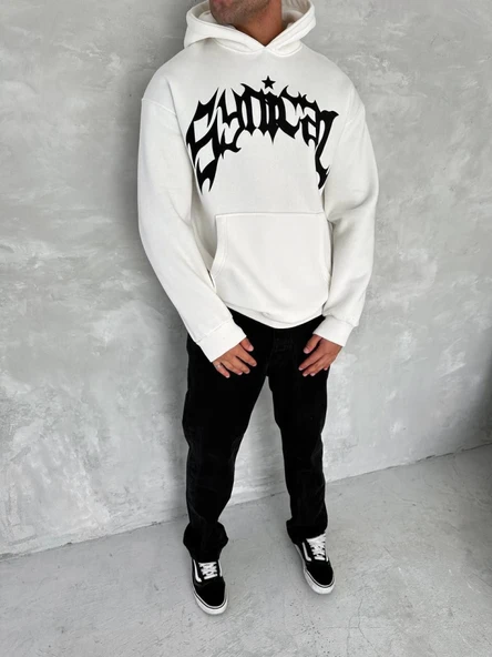 Unisex Üç İplik Kapşonlu Baskılı SweatShirt - Beyaz - 3