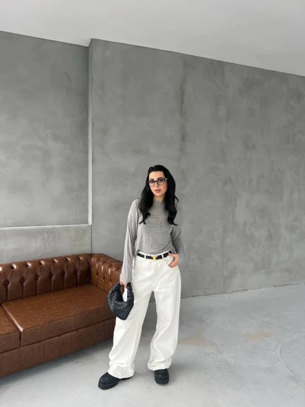 Bisiklet Yaka Uzun Kollu Crop - Gri - 3