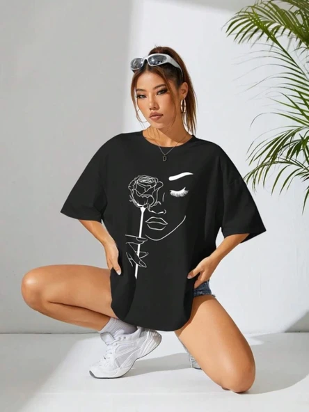 Baskılı Oversize T-shirt - Siyah - 2