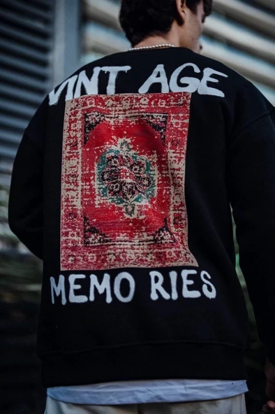 Oversize Bisiklet Yaka Üç İplik Baskılı SweatShirt - Siyah - 2