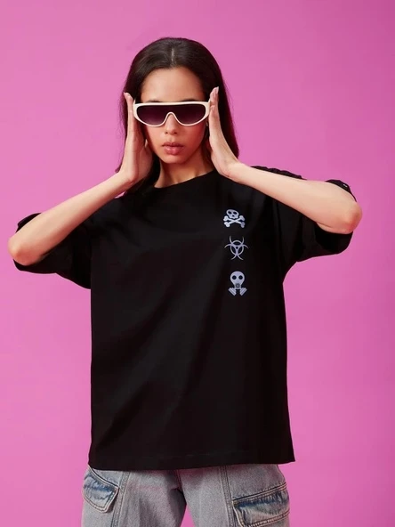 Baskılı Oversize T-shirt - Siyah - 2