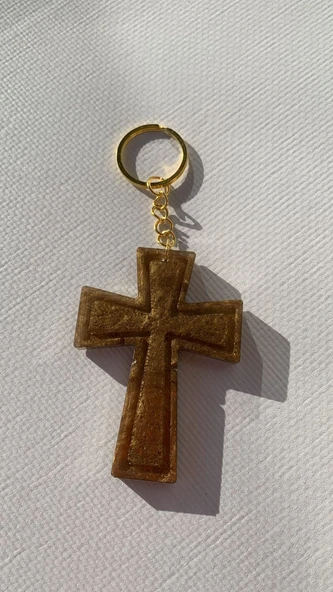 Kahverengi Gold Renkli Haç ve Kılıç Şekil Gold Aksesuarlı Anahtarlık El Yapımı Epoksi Hediyelik MDL1 - Resim 6