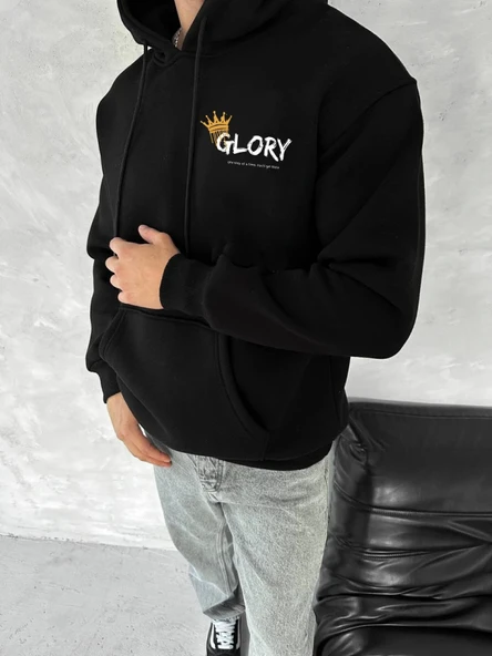 Kışlık Üç İplik Kapşonlu SweatShirt - Siyah - 1
