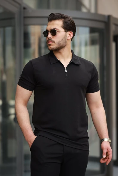 Erkek Yakalı Fermuarlı T-shirt Pantolon Ikili Rahat Takım - 3
