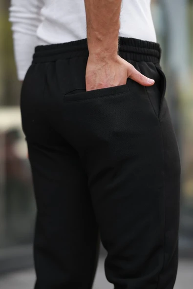 Erkek Beli Bağcıklı Duble Paça örme Pamuklu Kumaş Jogger Pantolon - 3