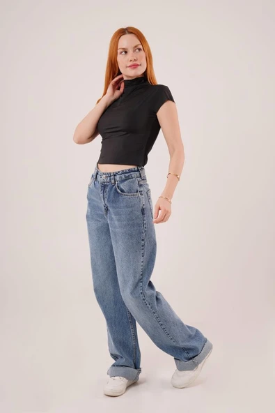 Boğazlı Parlak Kumaş Siyah Crop - 4