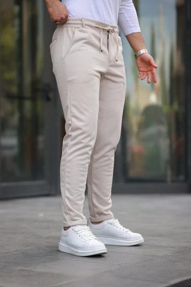 Erkek Beli Bağcıklı Duble Paça örme Pamuklu Kumaş Jogger Pantolon - 2