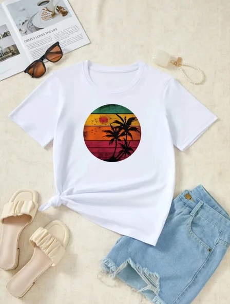 Kadın Kısa Kollu Palmiye Baskılı Viskon T-shirt - 7