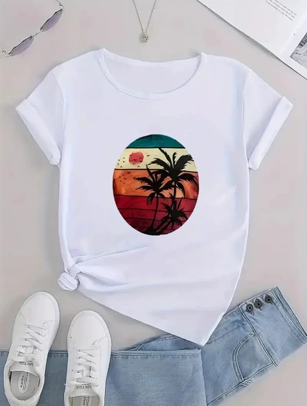 Kadın Kısa Kollu Palmiye Baskılı Viskon T-shirt - 8