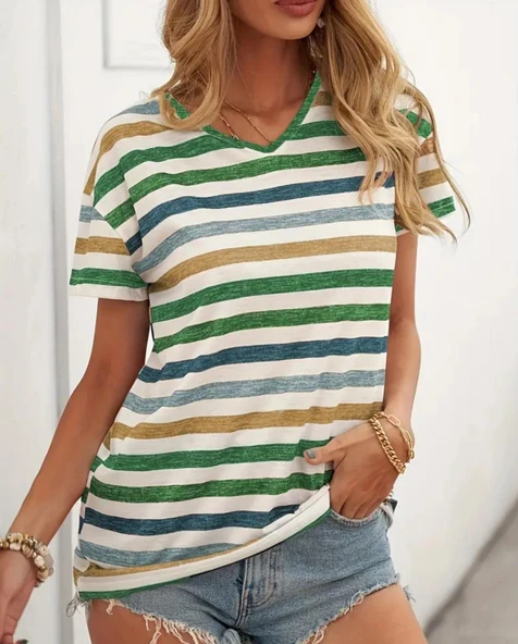 Kadın Kısa Kollu V Yaka çizgili Süprem T-shirt - 4