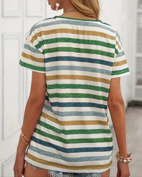 Kadın Kısa Kollu V Yaka çizgili Süprem T-shirt - 2