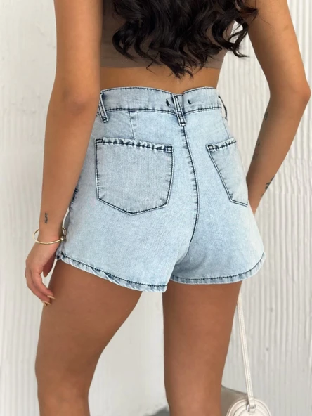 Kot Jeans Kesimetrik Kesim Cepli Şortlu Etek - Gri - 3
