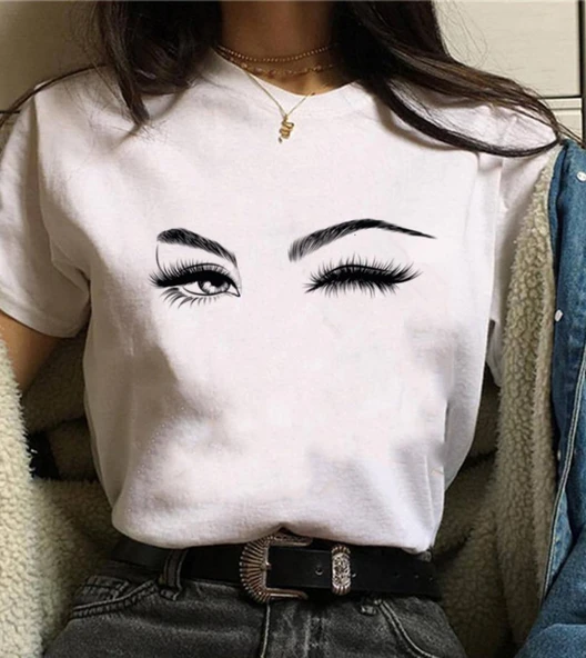 Kadın Kısa Kollu Bisiklet Yaka Göz Baskılı Süprem T-shirt - 3