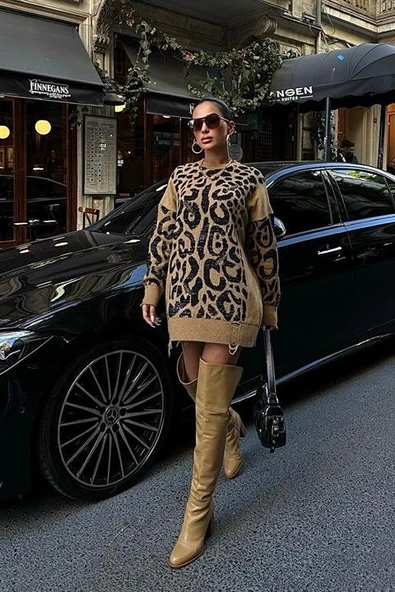 Leopar Desenli Yırtık Detaylı Kazak 1344 - 2
