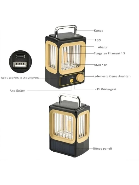 Ampul Solar Şarj Edilebilir 12 Led 1 Rustikli Led Kamp Lambası - Resim 2