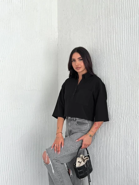 Crop Yakalı Gömlek Üç Çeyrek Sleeve Kol - Siyah - 4