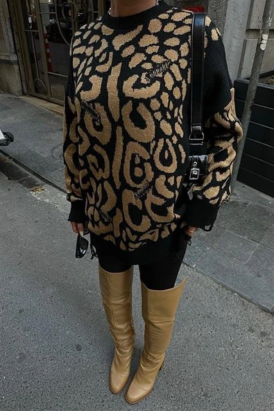 Leopar Desenli Yırtık Detaylı Kazak 1344 - 4