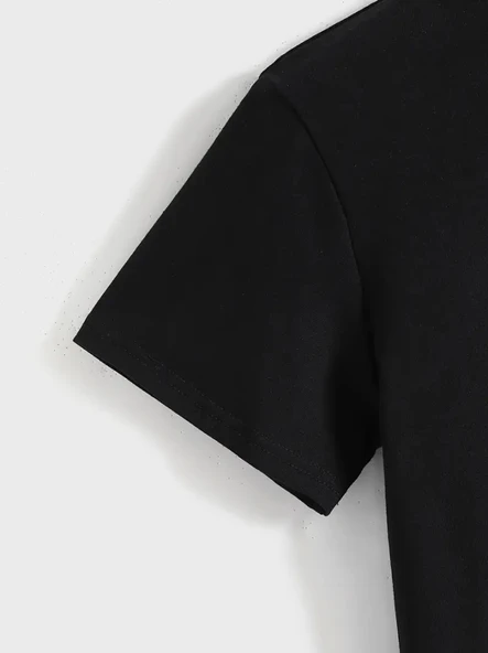 Baskılı Oversize Bisiklet Yaka T-shirt - Siyah - 2