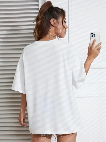 Baskılı Oversize Bisiklet Yaka T-shirt - Beyaz - 2