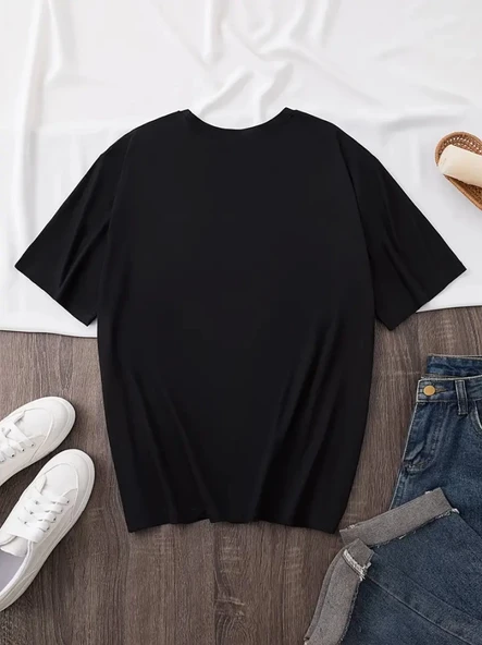 Baskılı Oversize Bisiklet Yaka T-shirt - Siyah - 4