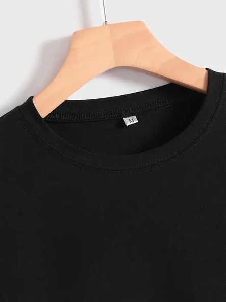 Baskılı Oversize Bisiklet Yaka T-shirt - Siyah - 4