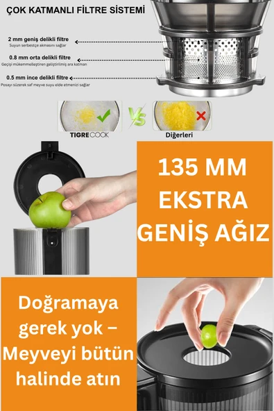 TIGRECOOK Slow Juicer Yavaş Sıkım Katı Meyve Sıkacağı Sorbe ve dondurma - 5