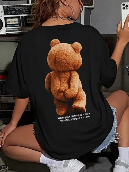 Baskılı Oversize Bisiklet Yaka T-shirt - Siyah - 4