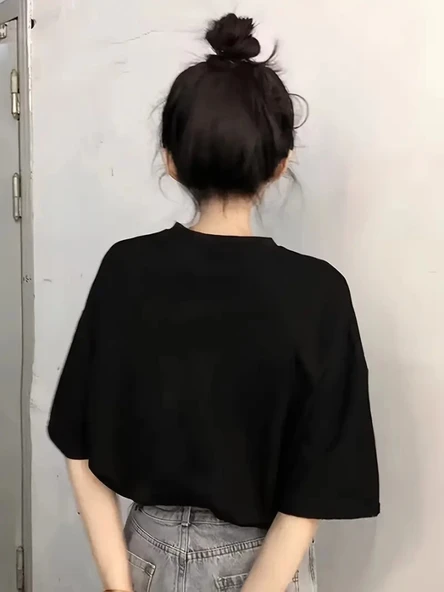 Baskılı Oversize Bisiklet Yaka T-shirt - Siyah - 2