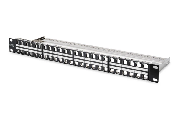Digitus 48 Port Boş Patch Panel, Zırhlı Keystone Jack Takılabilir, 1U Yüksekliğinde, siyah RAL 9005 renk