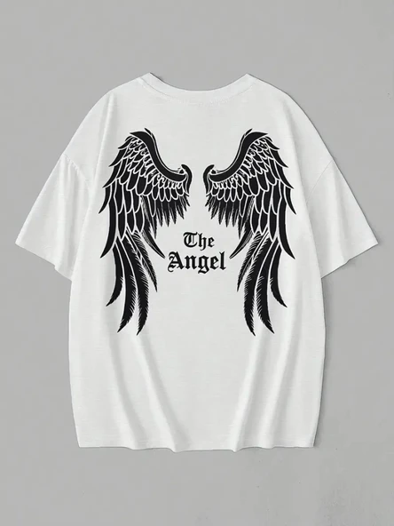 Baskılı Oversize Bisiklet Yaka T-shirt - Beyaz - 3