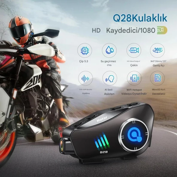 Q28 Wifi Kameralı Motosiklet Kask Kulaklık İnterkom Bluetooth SD Kart Destekli Su Geçirmez İntercom - 2