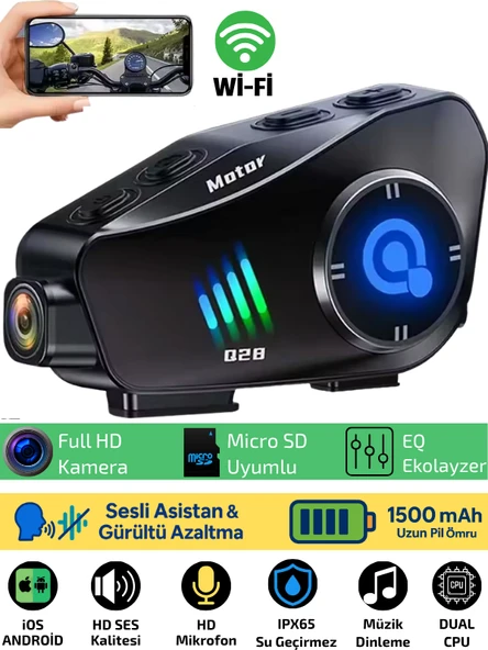 Q28 Wifi Kameralı Motosiklet Kask Kulaklık İnterkom Bluetooth  SD Kart Destekli Su Geçirmez İntercom