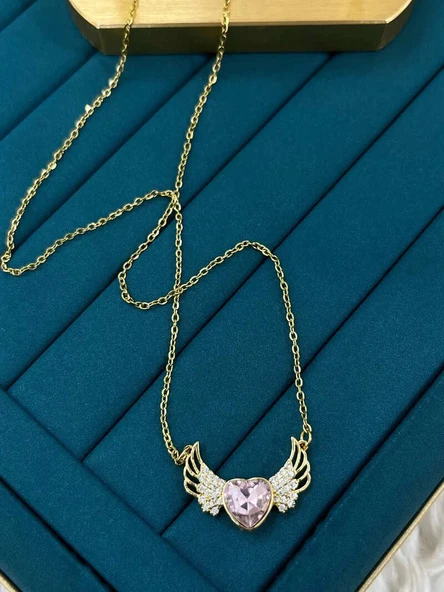 Gold Renk Zirkon Taşlı Parlak Büyüleyici Angel Wings Melek Kanadı 316L Çelik Kalp Kolye - Resim 2