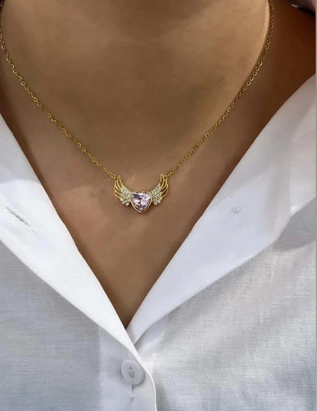 Gold Renk Zirkon Taşlı Parlak Büyüleyici Angel Wings Melek Kanadı 316L Çelik Kalp Kolye ürün görseli 1