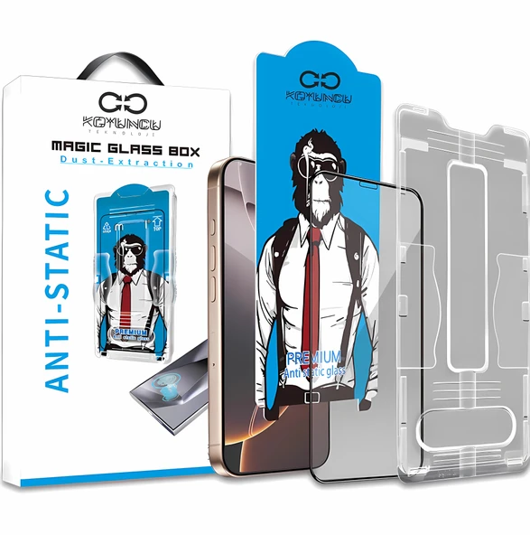 Magic Glass Box iPhone 15 Pro Anti Static Uygulama Aparatlı Şeffaf Cam Ekran Koruyucu