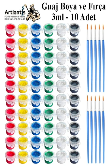 Guaj Boya 3 ml 6 Renk ve Resim Fırçası 10 Paket Mini Küçük Guaj Boya Etkinlik Boyama Boyası Su Bazlı Resim Okul Öncesi