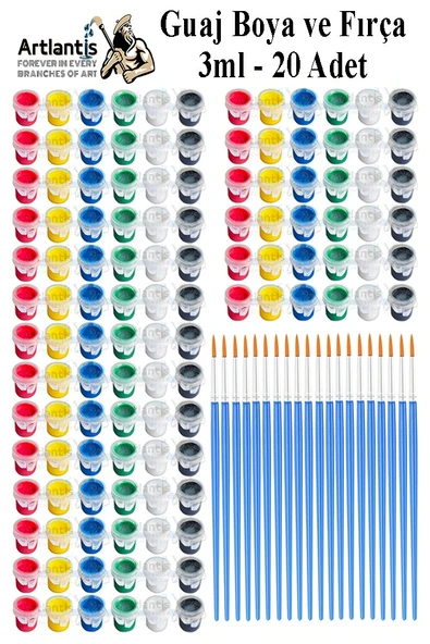 Guaj Boya 3 ml 6 Renk ve Resim Fırçası 20 Paket Mini Küçük Guaj Boya Etkinlik Boyama Boyası Su Bazlı Resim Okul Öncesi