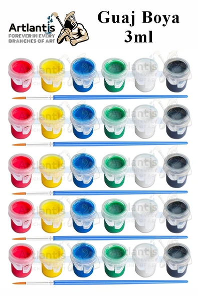 Guaj Boya 3 ml 6 Renk ve Resim Fırçası 5 Paket Mini Küçük Guaj Boya Etkinlik Boyama Boyası Su Bazlı Resim Okul Öncesi