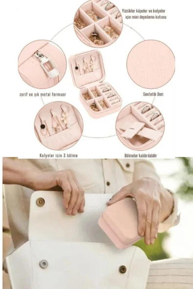 Mini Takı Kutusu Seyahat Tipi Mücevher Çantası Kolye Yüzük Küpe Organizer Takı Düzenleyici Beyaz - 7