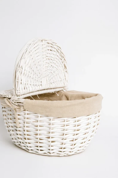 YUNUSOĞLU HOME Beyaz Hasır Piknik Sepeti 40x30x19 cm Kapaklı Termoform Sepet Krem Kumaş Detaylı - 3