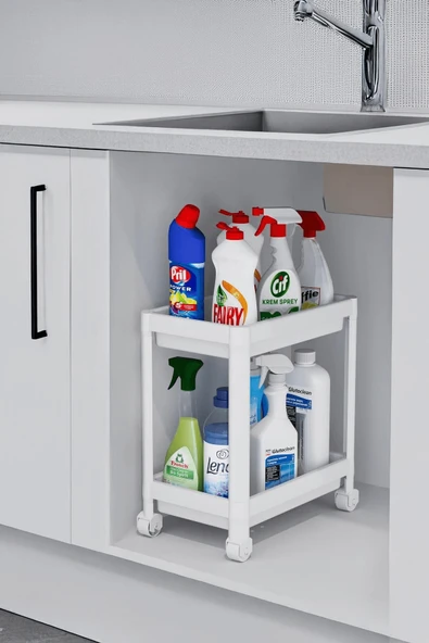 Flex Elite Pro 2 Katlı Beyaz Tekerlekli Çok Amaçlı Banyo & Mutfak Düzenleyici Raf - Evye Altı