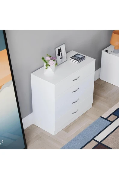 aden home senin evin senin dünyan 4 Çekmeceli Şifonyer, Dresuar, %100 MDF Beyaz Şifonyer, Yatak Odası Şifonyer, 74x75x37cm, MSFN12 - 7