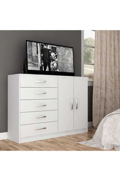 aden home senin evin senin dünyan 5 Çekmeceli Kapaklı Şifonyer, %100 MDF Beyaz Şifonyer, Yatak Odası Şifonyer, 90x120cm, MSFN09