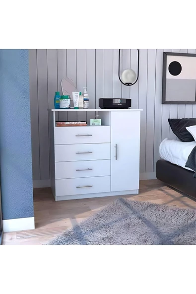 aden home senin evin senin dünyan 4 Çekmeceli Kapaklı Şifonyer, MDF Beyaz Şifonyer, Yatak Odası Şifonyer, 92x94cm, MSFN05 - 3