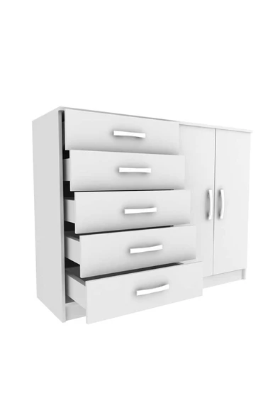 aden home senin evin senin dünyan 5 Çekmeceli Kapaklı Şifonyer, %100 MDF Beyaz Şifonyer, Yatak Odası Şifonyer, 90x120cm, MSFN09 - 3