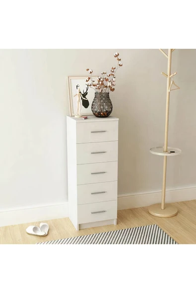 aden home senin evin senin dünyan 5 Çekmeceli Şifonyer, Dresuar, %100 MDF Beyaz Şifonyer, Yatak Odası Şifonyer, MSFN13