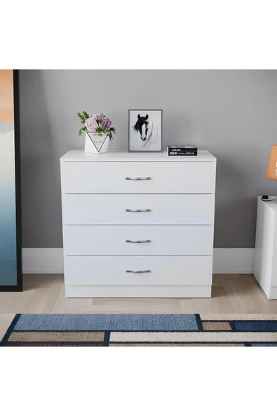 aden home senin evin senin dünyan 4 Çekmeceli Şifonyer, Dresuar, %100 MDF Beyaz Şifonyer, Yatak Odası Şifonyer, 74x75x37cm, MSFN12