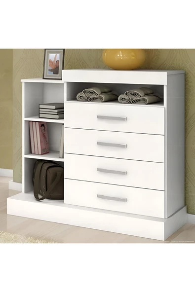 aden home senin evin senin dünyan 4 Çekmeceli Açık Raflı Şifonyer, MDF Beyaz Şifonyer, Yatak Odası Şifonyer, 100x100cm, MSFN04